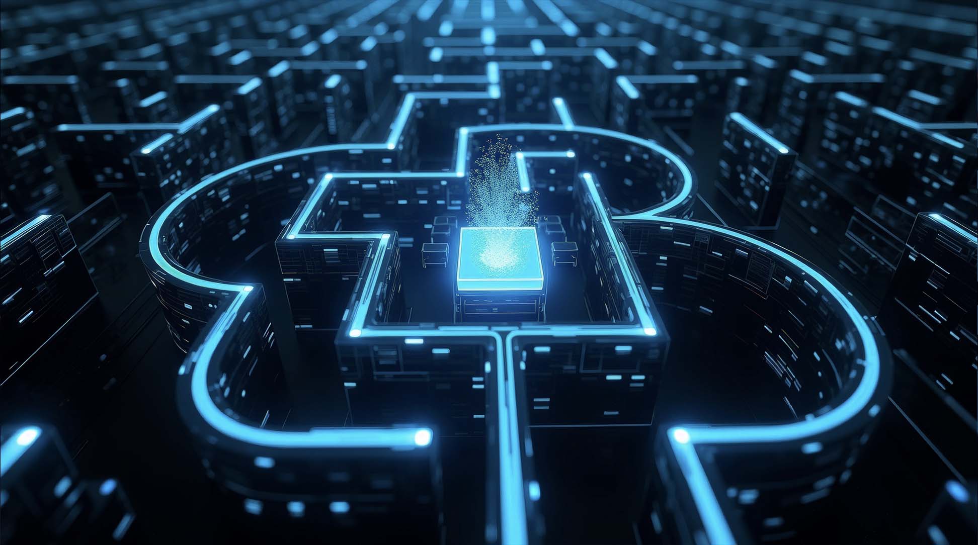 Glowing cloud maze symbolising datacentre transformation with Intelys guidance.