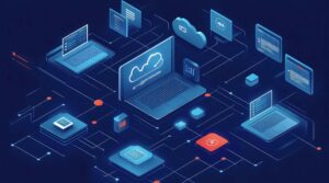 Isometric cloud and laptop network graphic showing secure SASE architecture.