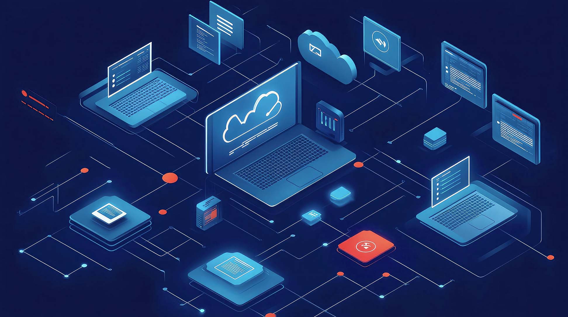 Isometric cloud and laptop network graphic showing secure SASE architecture.