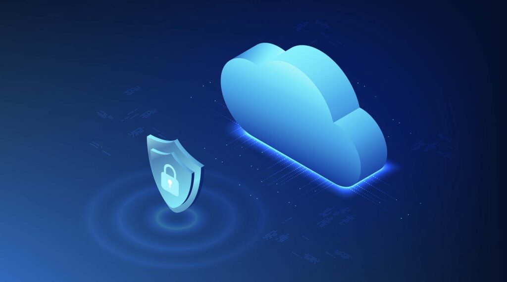 Digital shield and cloud illustration representing secure single-vendor SASE.