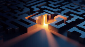 Glowing doorway in maze symbolising safe WAN transformation with Intelys.